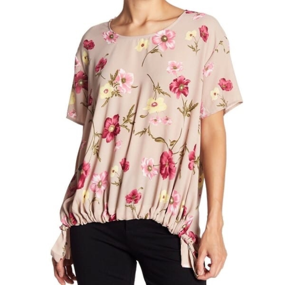 Everleigh Floral Top High Low Drawstring Hem Short Sleeve Pink Size Medium